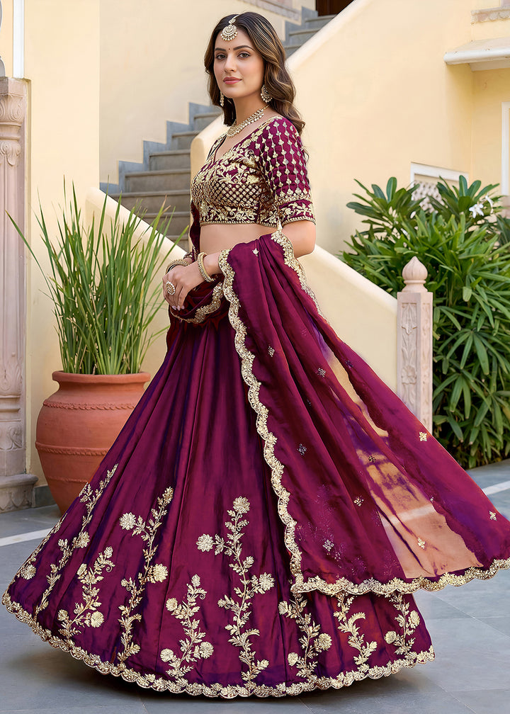 Buy Now Wine Rangoli Silk Zari &amp; Threads Festive Lehenga Choli Online in US, UK, Canada, France, Italy, Germany, Sweden, UAE &amp; Worldwide at Empress Clothing.