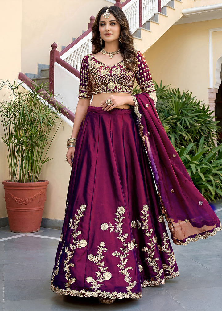 Buy Now Wine Rangoli Silk Zari &amp; Threads Festive Lehenga Choli Online in US, UK, Canada, France, Italy, Germany, Sweden, UAE &amp; Worldwide at Empress Clothing.