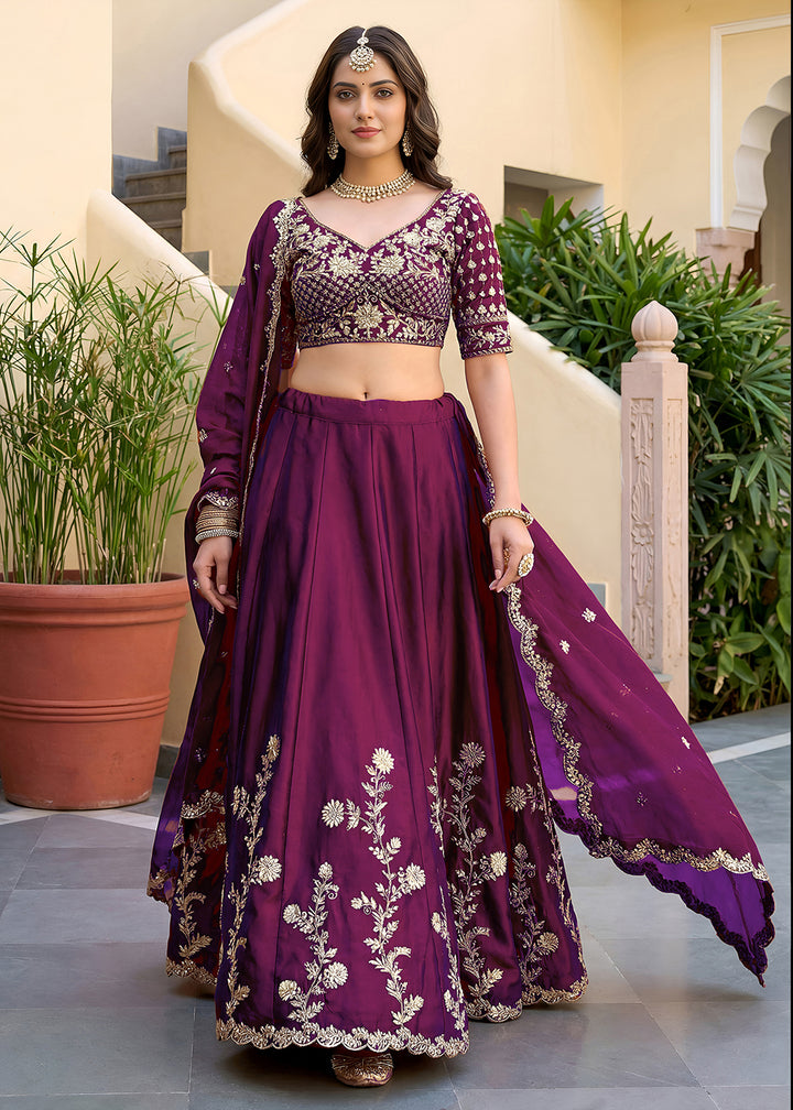 Buy Now Wine Rangoli Silk Zari &amp; Threads Festive Lehenga Choli Online in US, UK, Canada, France, Italy, Germany, Sweden, UAE &amp; Worldwide at Empress Clothing.