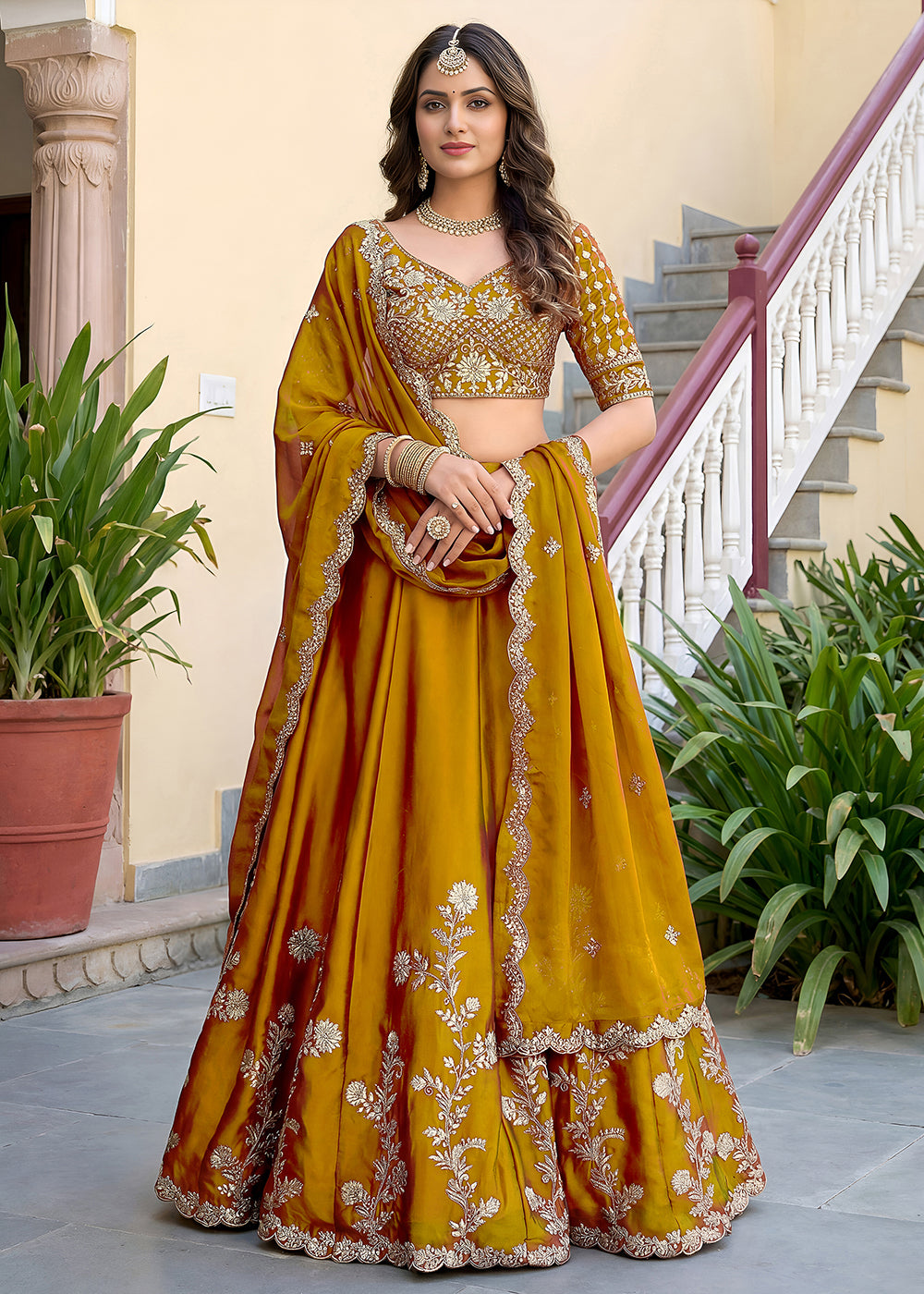 Buy Now Yellow Rangoli Silk Zari &amp; Threads Festive Lehenga Choli Online in US, UK, Canada, France, Italy, Germany, Sweden, UAE &amp; Worldwide at Empress Clothing.