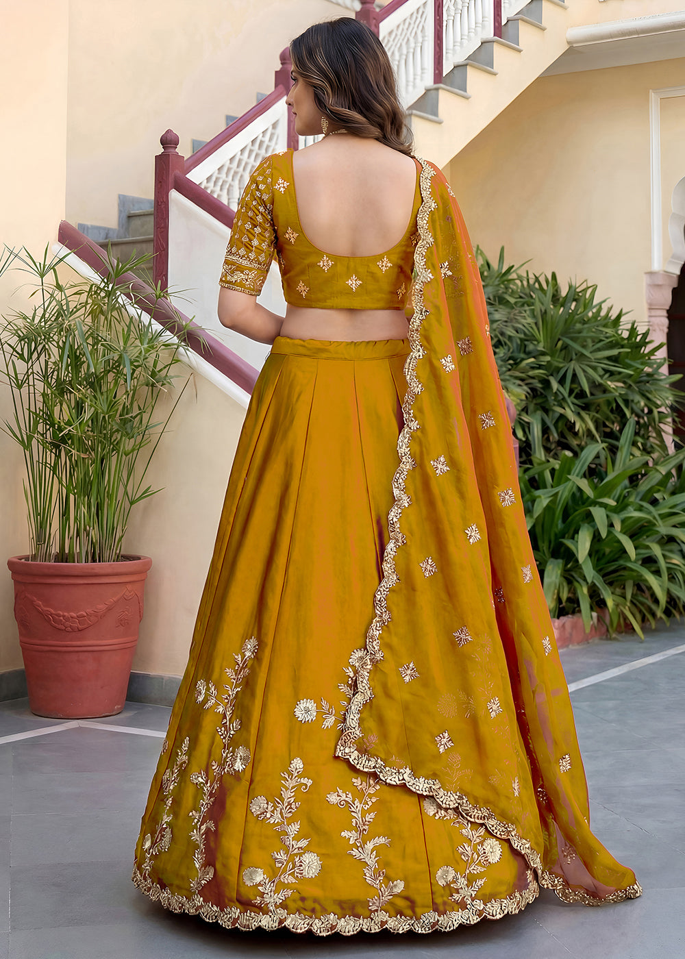 Buy Now Yellow Rangoli Silk Zari &amp; Threads Festive Lehenga Choli Online in US, UK, Canada, France, Italy, Germany, Sweden, UAE &amp; Worldwide at Empress Clothing.