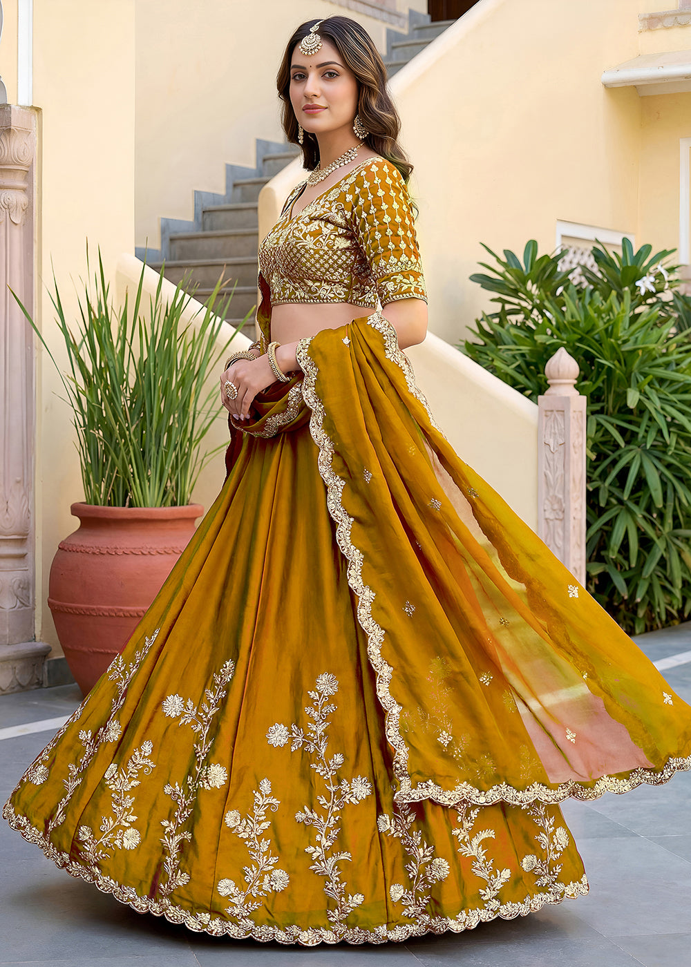 Buy Now Yellow Rangoli Silk Zari &amp; Threads Festive Lehenga Choli Online in US, UK, Canada, France, Italy, Germany, Sweden, UAE &amp; Worldwide at Empress Clothing.