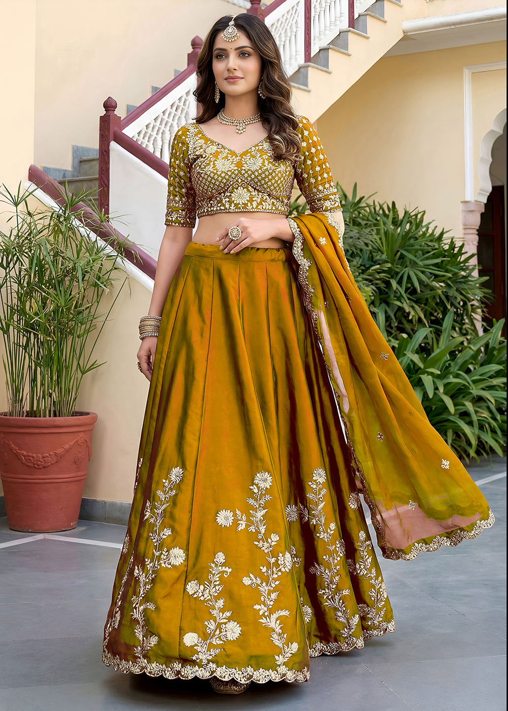 Buy Now Yellow Rangoli Silk Zari &amp; Threads Festive Lehenga Choli Online in US, UK, Canada, France, Italy, Germany, Sweden, UAE &amp; Worldwide at Empress Clothing.