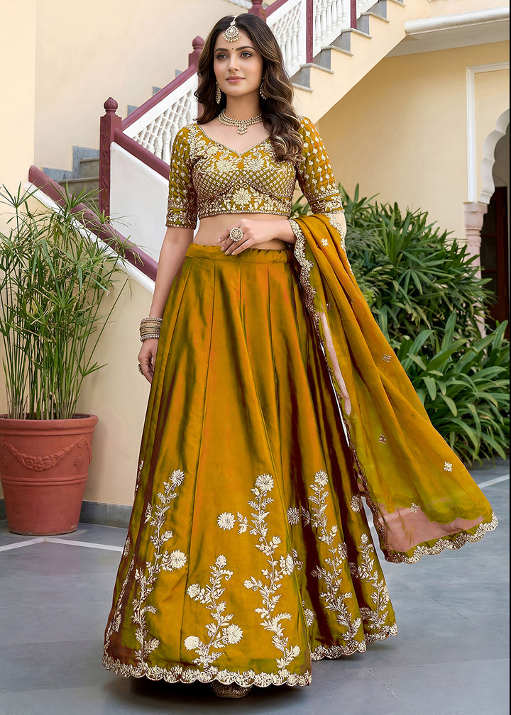 Buy Now Yellow Rangoli Silk Zari &amp; Threads Festive Lehenga Choli Online in US, UK, Canada, France, Italy, Germany, Sweden, UAE &amp; Worldwide at Empress Clothing.