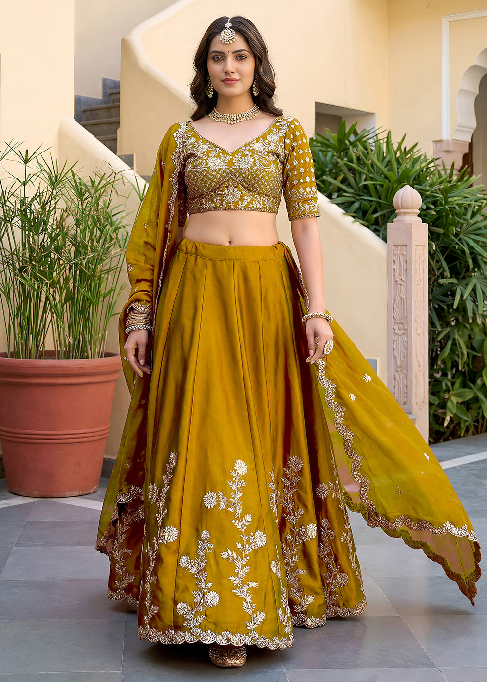 Buy Now Yellow Rangoli Silk Zari &amp; Threads Festive Lehenga Choli Online in US, UK, Canada, France, Italy, Germany, Sweden, UAE &amp; Worldwide at Empress Clothing.