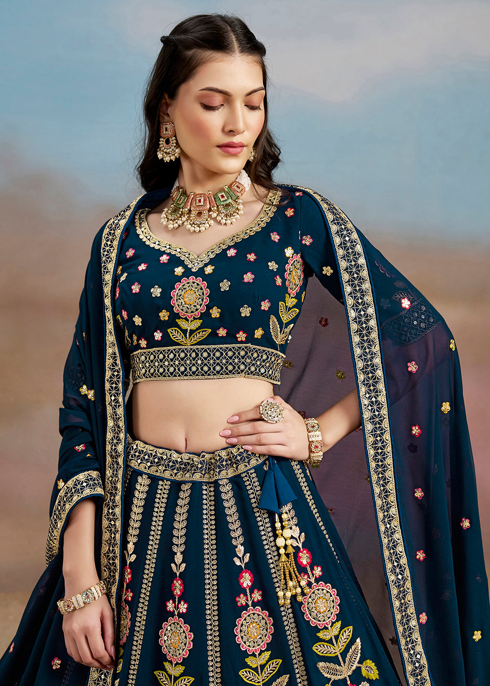 Buy Now Blue Multi Color Threads Work Festive Lehenga Choli Online in USA, UK, Canada, France, Italy, Germany, Australia, UAE & Worldwide at Empress Clothing.