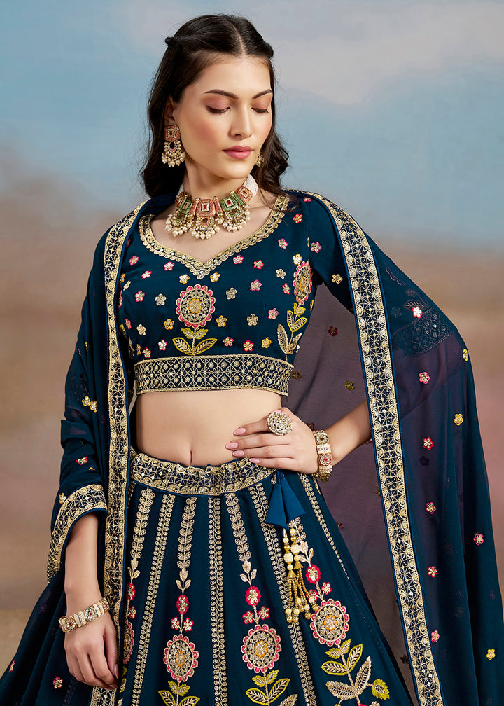 Buy Now Blue Multi Color Threads Work Festive Lehenga Choli Online in USA, UK, Canada, France, Italy, Germany, Australia, UAE & Worldwide at Empress Clothing.