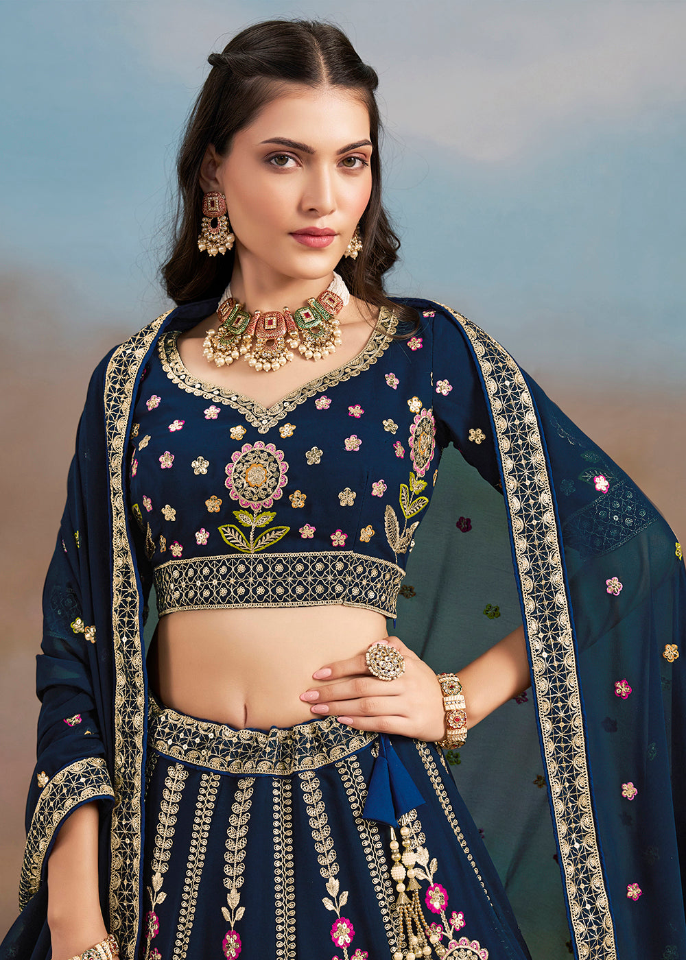 Buy Now Blue Multi Color Threads Work Festive Lehenga Choli Online in USA, UK, Canada, France, Italy, Germany, Australia, UAE & Worldwide at Empress Clothing.