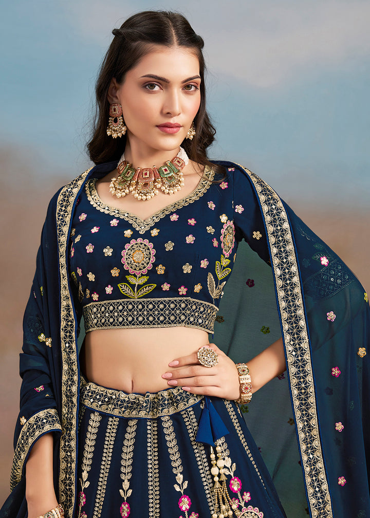 Buy Now Blue Multi Color Threads Work Festive Lehenga Choli Online in USA, UK, Canada, France, Italy, Germany, Australia, UAE & Worldwide at Empress Clothing.