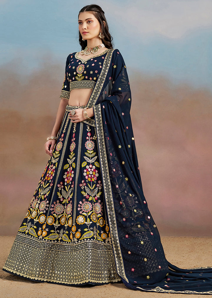 Buy Now Blue Multi Color Threads Work Festive Lehenga Choli Online in USA, UK, Canada, France, Italy, Germany, Australia, UAE & Worldwide at Empress Clothing.