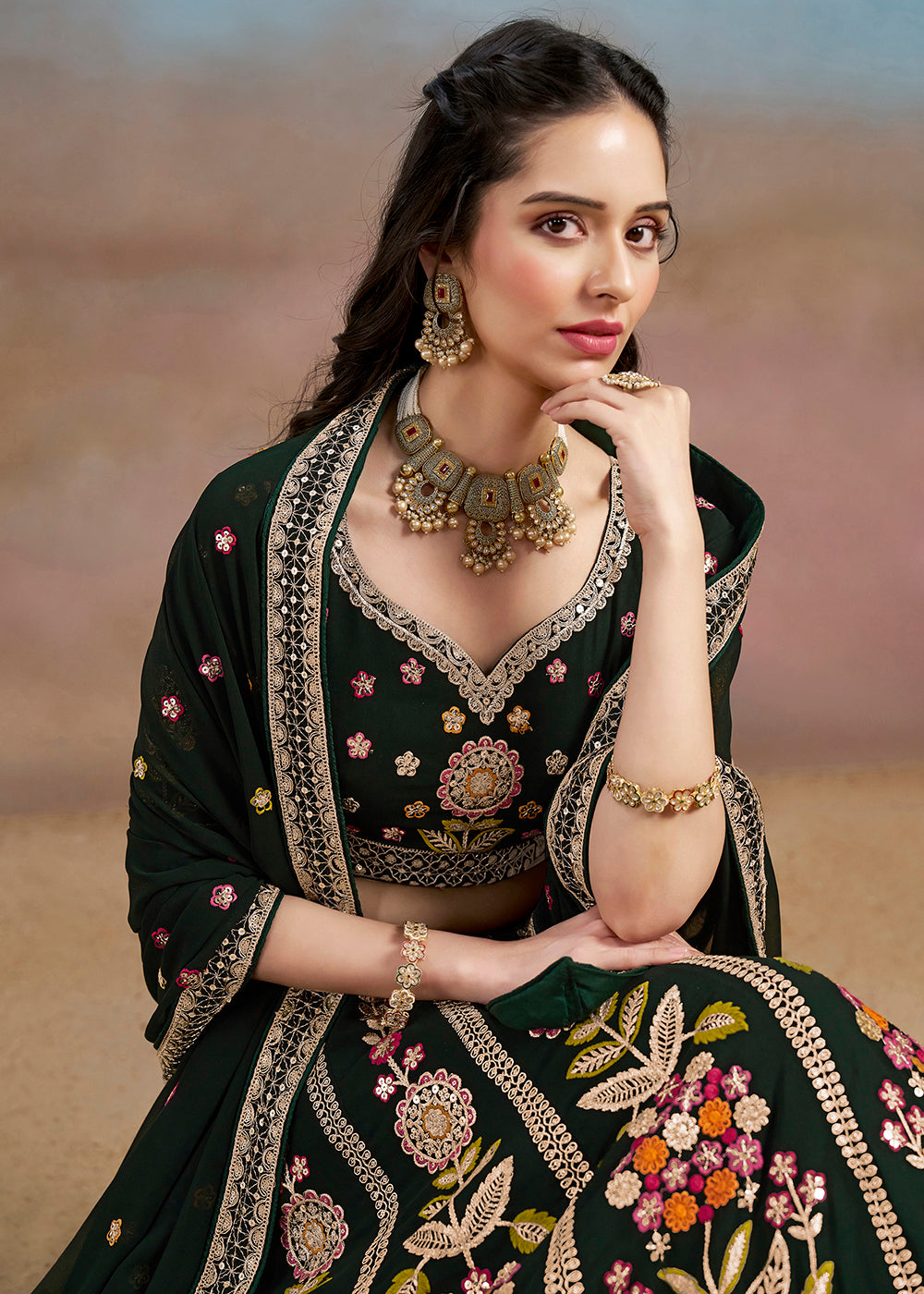 Buy Now Green Multi Color Threads Work Festive Lehenga Choli Online in USA, UK, Canada, France, Italy, Germany, Australia, UAE & Worldwide at Empress Clothing.