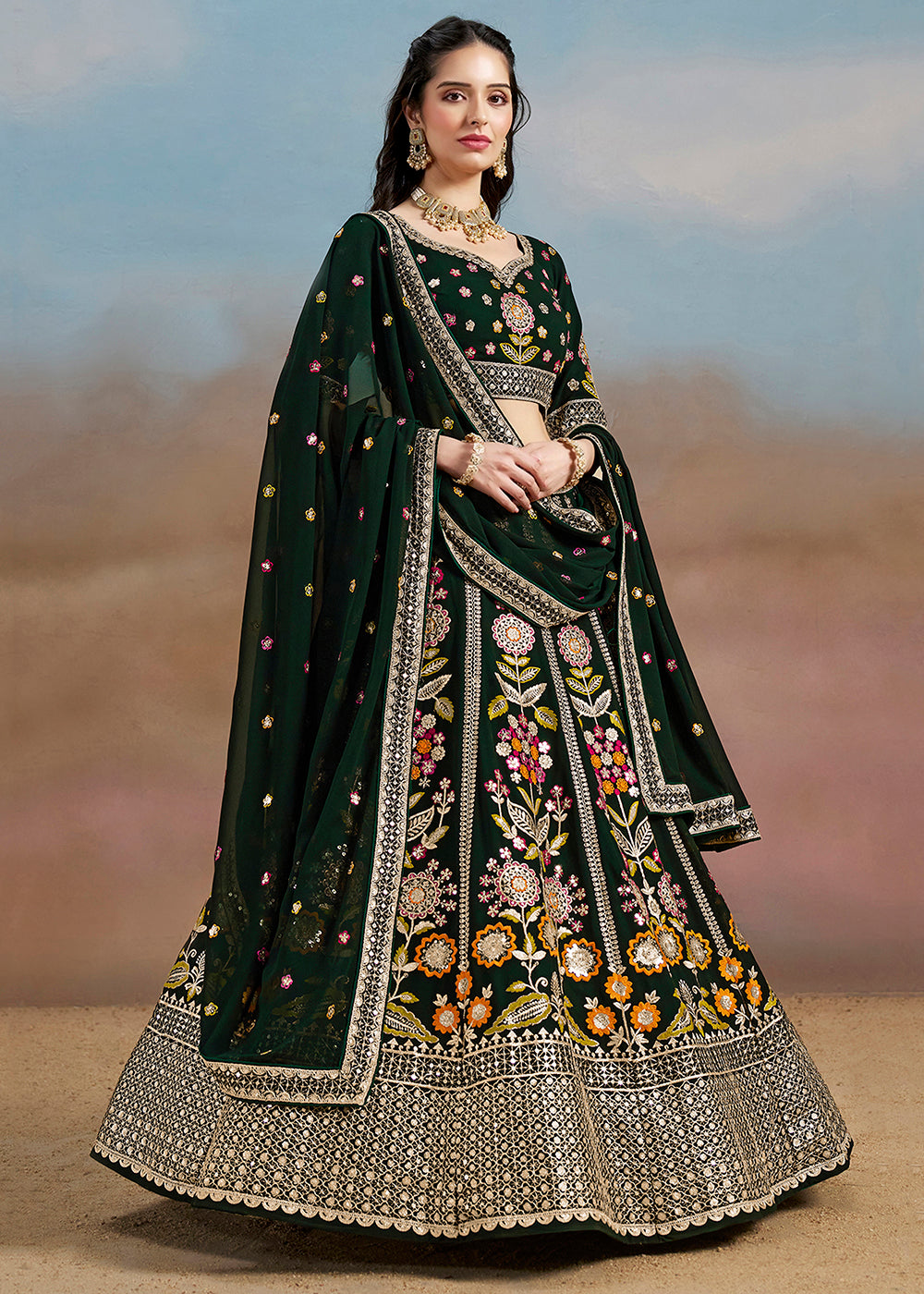 Buy Now Green Multi Color Threads Work Festive Lehenga Choli Online in USA, UK, Canada, France, Italy, Germany, Australia, UAE & Worldwide at Empress Clothing.