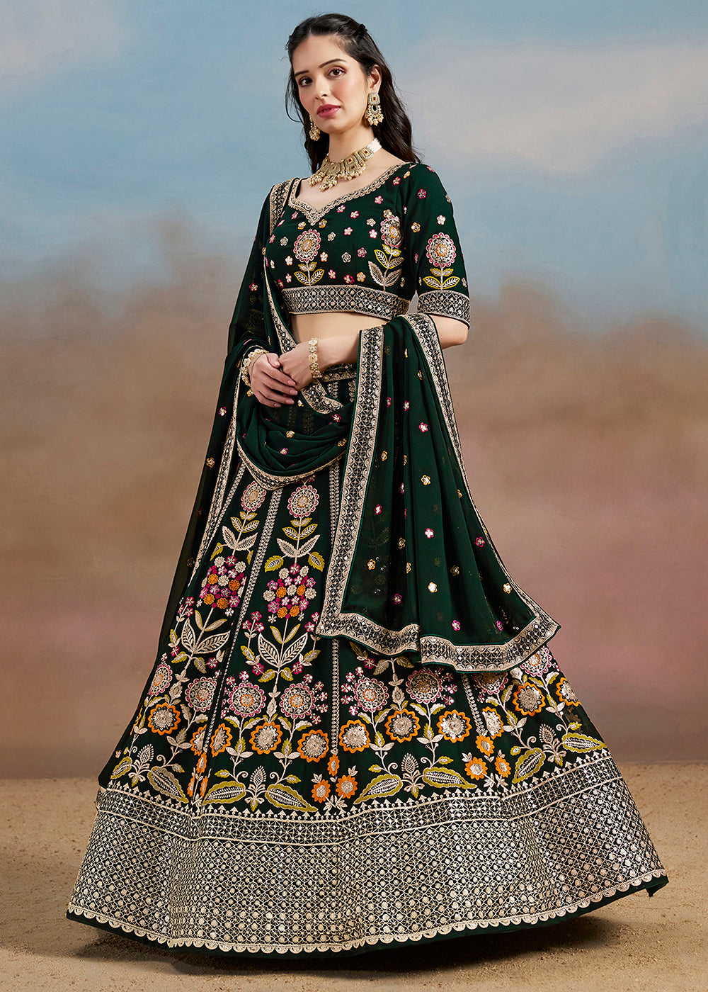 Buy Now Green Multi Color Threads Work Festive Lehenga Choli Online in USA, UK, Canada, France, Italy, Germany, Australia, UAE & Worldwide at Empress Clothing.