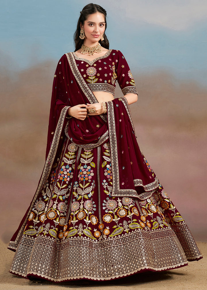 Buy Now Maroon Multi Color Threads Work Festive Lehenga Choli Online in USA, UK, Canada, France, Italy, Germany, Australia, UAE & Worldwide at Empress Clothing.