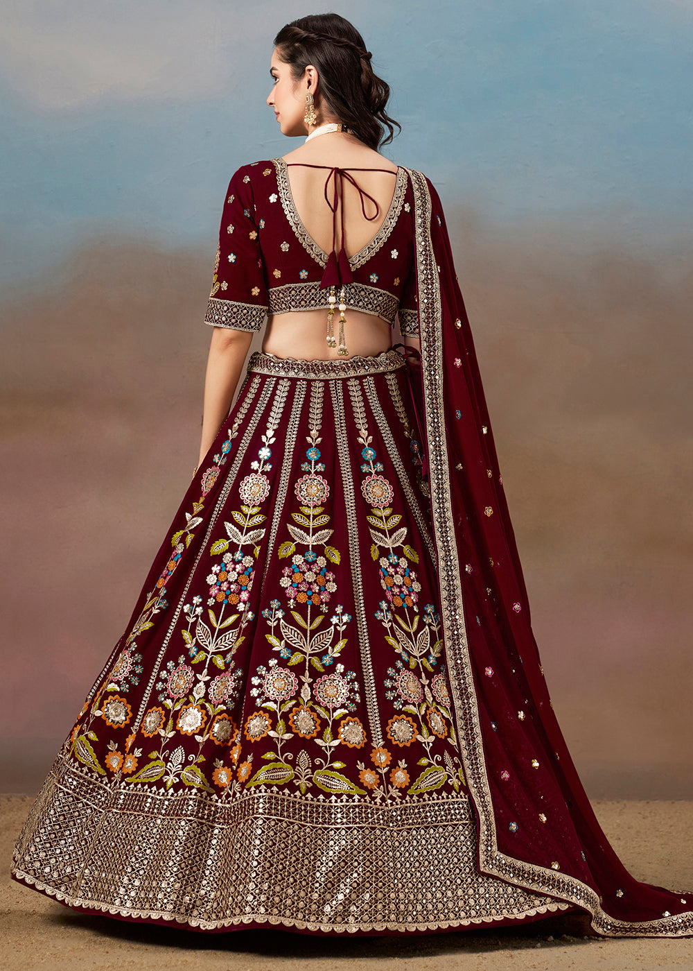 Buy Now Maroon Multi Color Threads Work Festive Lehenga Choli Online in USA, UK, Canada, France, Italy, Germany, Australia, UAE & Worldwide at Empress Clothing.