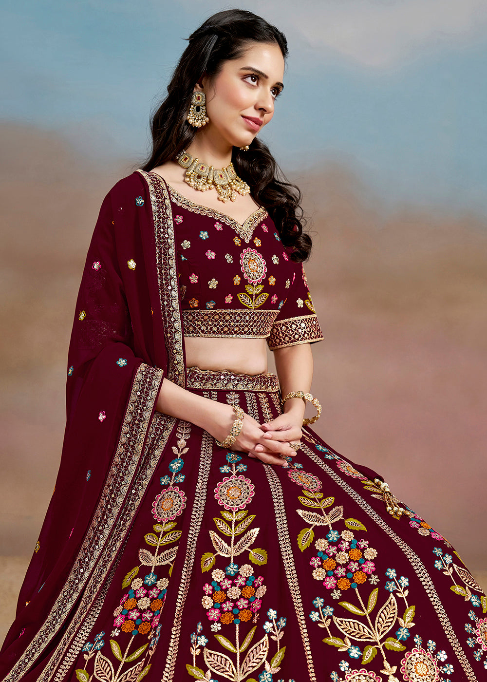 Buy Now Maroon Multi Color Threads Work Festive Lehenga Choli Online in USA, UK, Canada, France, Italy, Germany, Australia, UAE & Worldwide at Empress Clothing.