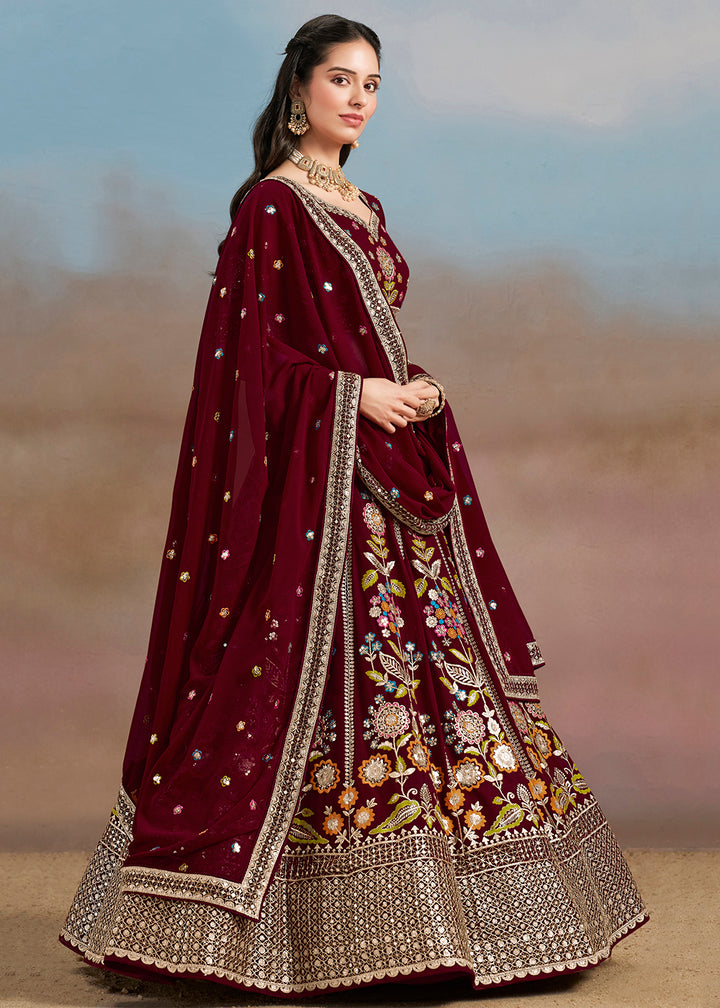 Buy Now Maroon Multi Color Threads Work Festive Lehenga Choli Online in USA, UK, Canada, France, Italy, Germany, Australia, UAE & Worldwide at Empress Clothing.