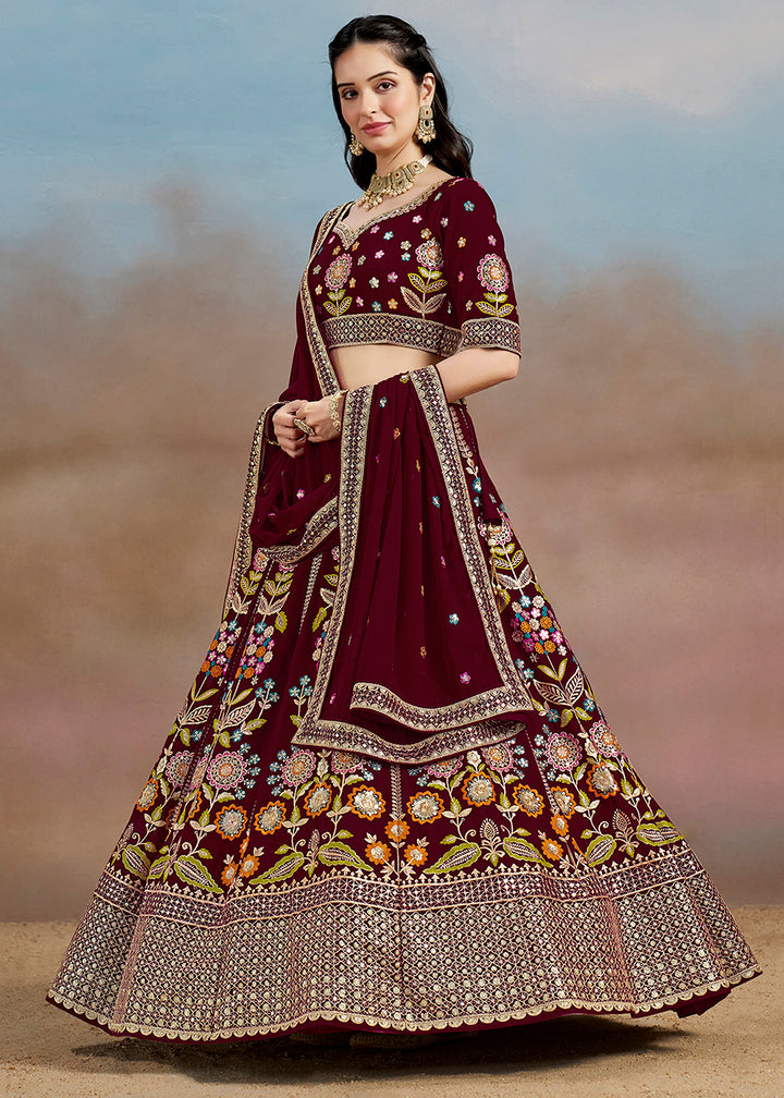 Buy Now Maroon Multi Color Threads Work Festive Lehenga Choli Online in USA, UK, Canada, France, Italy, Germany, Australia, UAE & Worldwide at Empress Clothing.