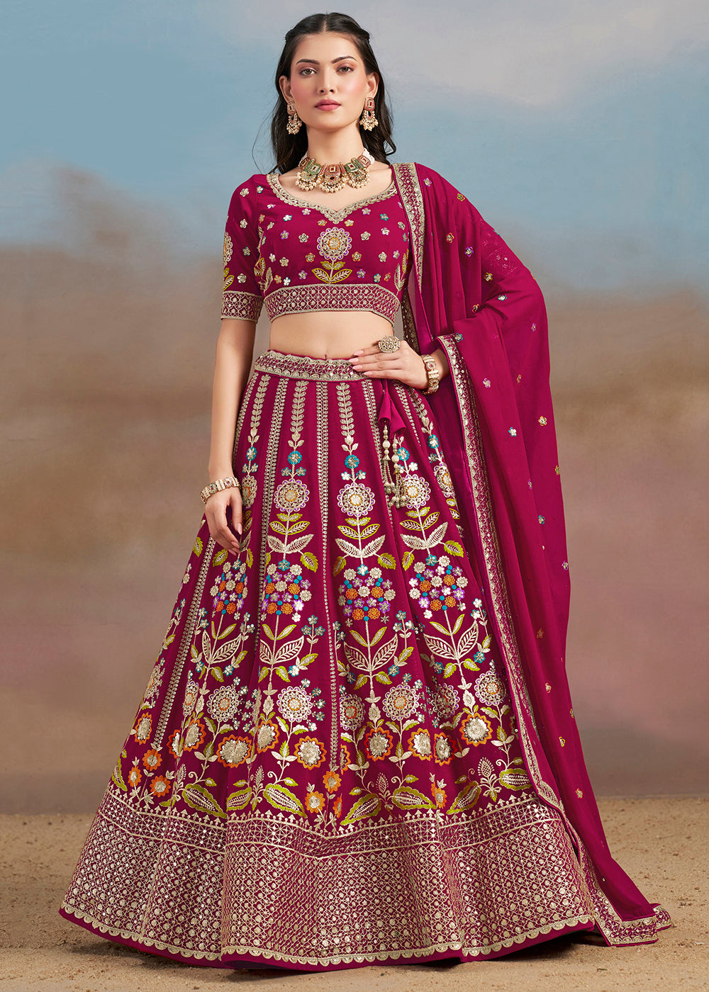 Buy Now Pink Multi Color Threads Work Festive Lehenga Choli Online in USA, UK, Canada, France, Italy, Germany, Australia, UAE & Worldwide at Empress Clothing.