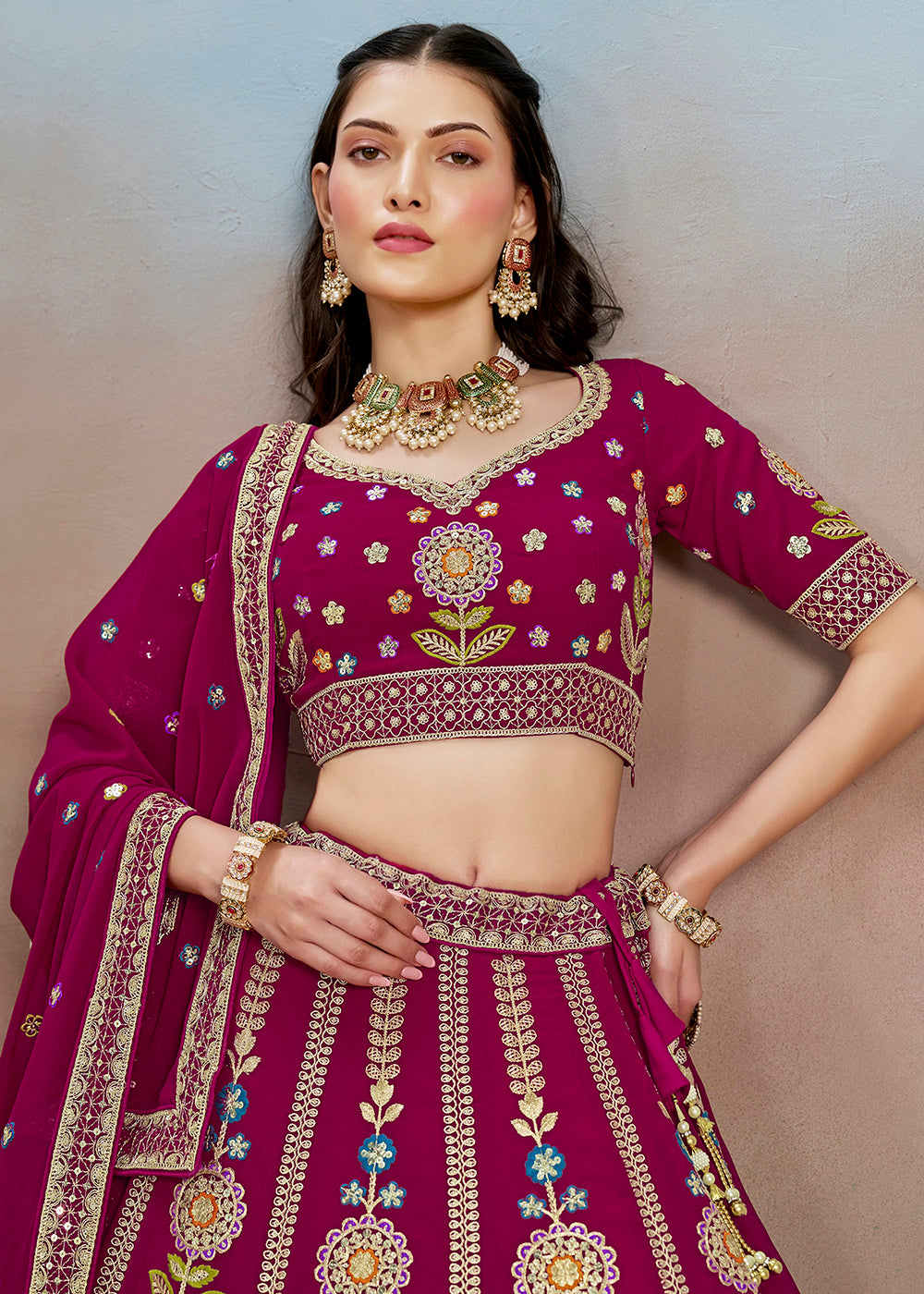 Buy Now Pink Multi Color Threads Work Festive Lehenga Choli Online in USA, UK, Canada, France, Italy, Germany, Australia, UAE & Worldwide at Empress Clothing.