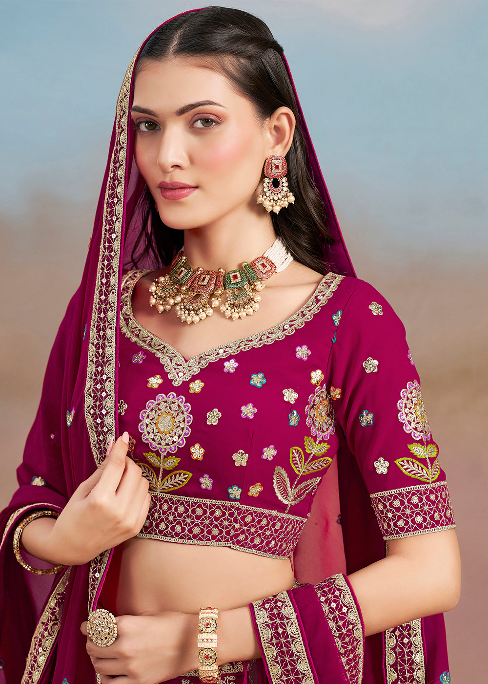 Buy Now Pink Multi Color Threads Work Festive Lehenga Choli Online in USA, UK, Canada, France, Italy, Germany, Australia, UAE & Worldwide at Empress Clothing.