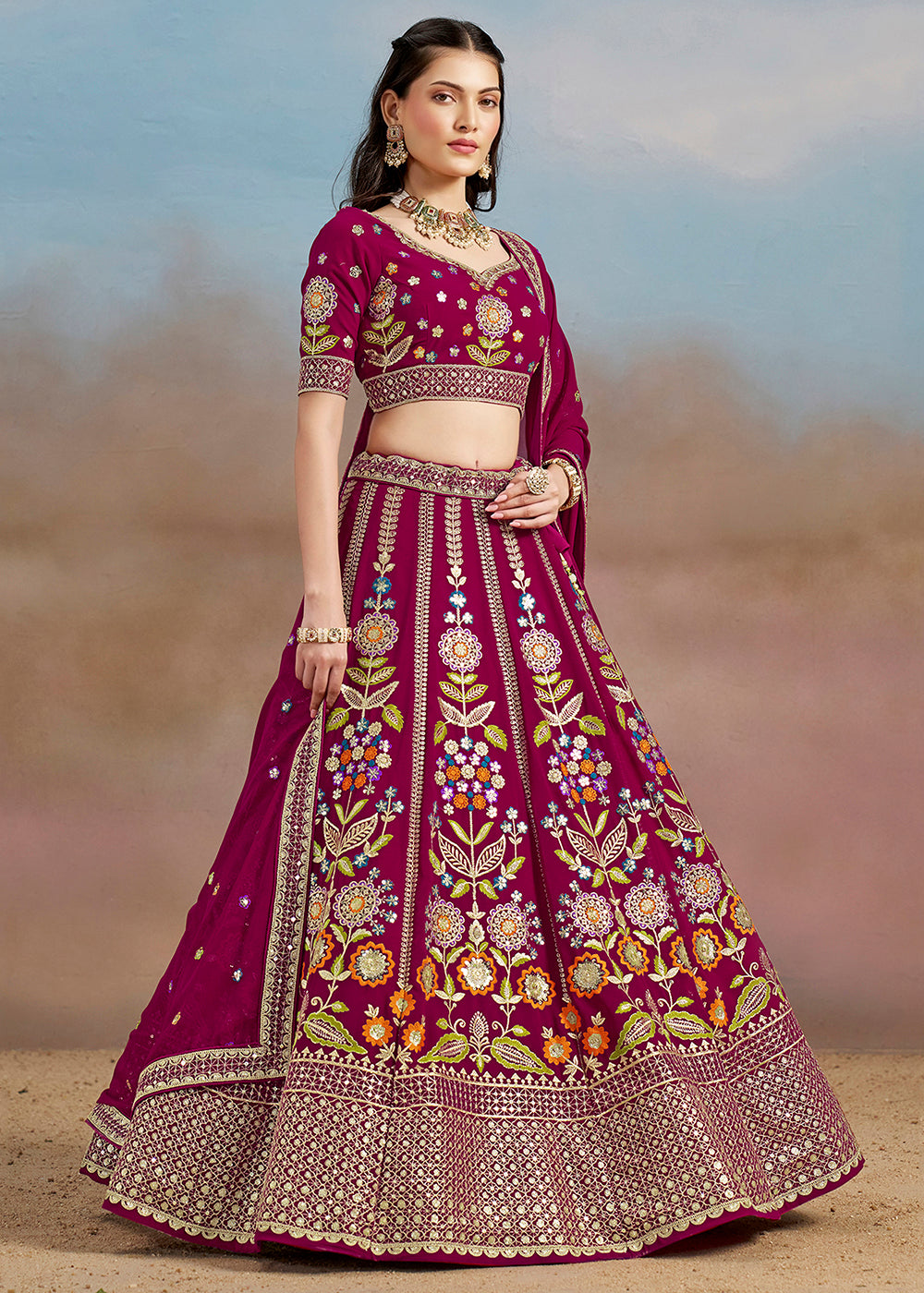 Buy Now Pink Multi Color Threads Work Festive Lehenga Choli Online in USA, UK, Canada, France, Italy, Germany, Australia, UAE & Worldwide at Empress Clothing.