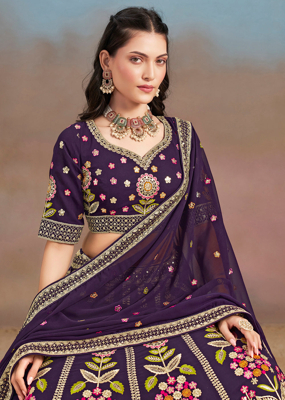 Buy Now Purple Multi Color Threads Work Festive Lehenga Choli Online in USA, UK, Canada, France, Italy, Germany, Australia, UAE & Worldwide at Empress Clothing.