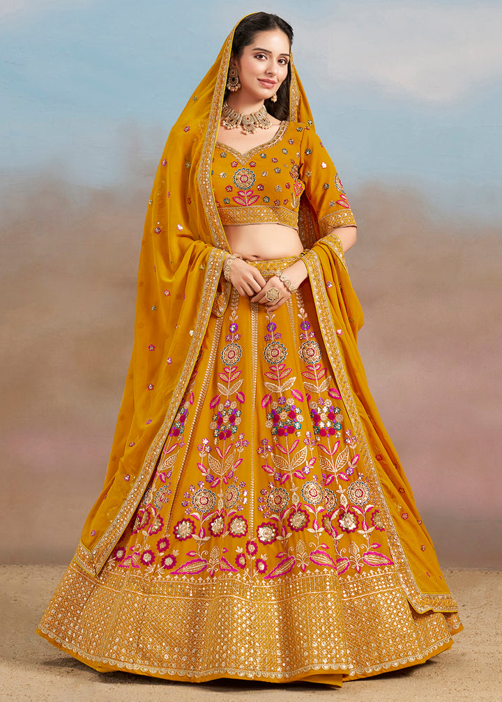 Buy Now Yellow Multi Color Threads Work Festive Lehenga Choli Online in USA, UK, Canada, France, Italy, Germany, Australia, UAE & Worldwide at Empress Clothing.