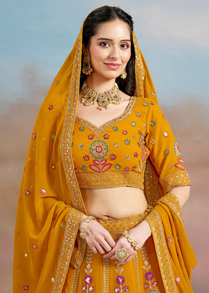 Buy Now Yellow Multi Color Threads Work Festive Lehenga Choli Online in USA, UK, Canada, France, Italy, Germany, Australia, UAE & Worldwide at Empress Clothing.