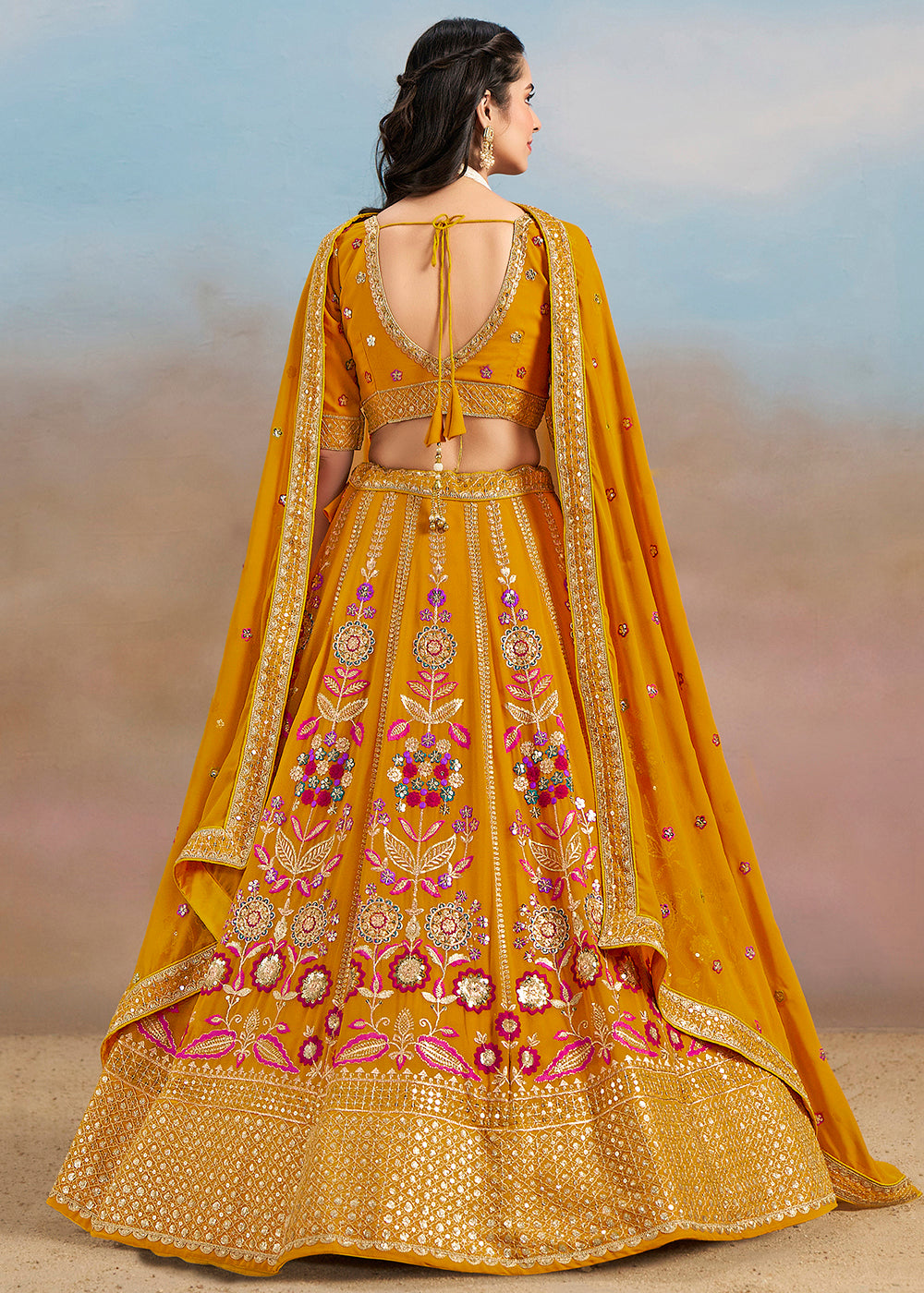 Buy Now Yellow Multi Color Threads Work Festive Lehenga Choli Online in USA, UK, Canada, France, Italy, Germany, Australia, UAE & Worldwide at Empress Clothing.