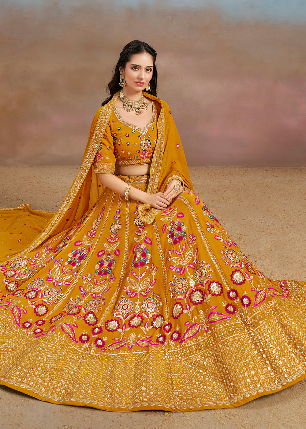 Buy Now Yellow Multi Color Threads Work Festive Lehenga Choli Online in USA, UK, Canada, France, Italy, Germany, Australia, UAE & Worldwide at Empress Clothing.