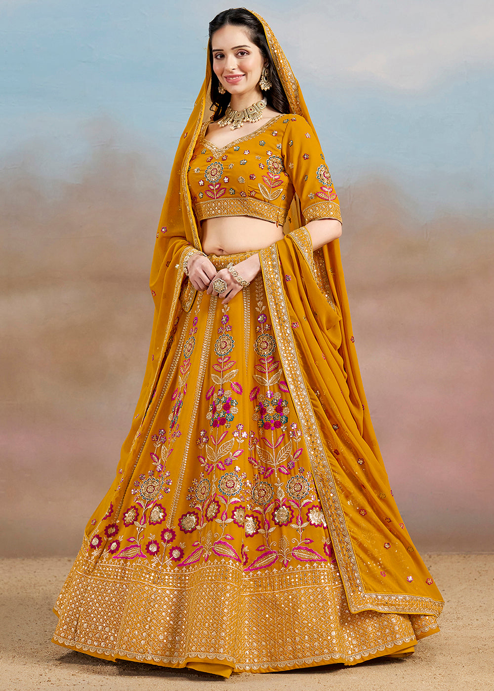 Buy Now Yellow Multi Color Threads Work Festive Lehenga Choli Online in USA, UK, Canada, France, Italy, Germany, Australia, UAE & Worldwide at Empress Clothing.