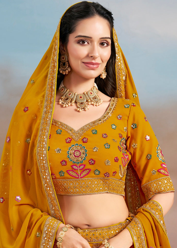 Buy Now Yellow Multi Color Threads Work Festive Lehenga Choli Online in USA, UK, Canada, France, Italy, Germany, Australia, UAE & Worldwide at Empress Clothing.