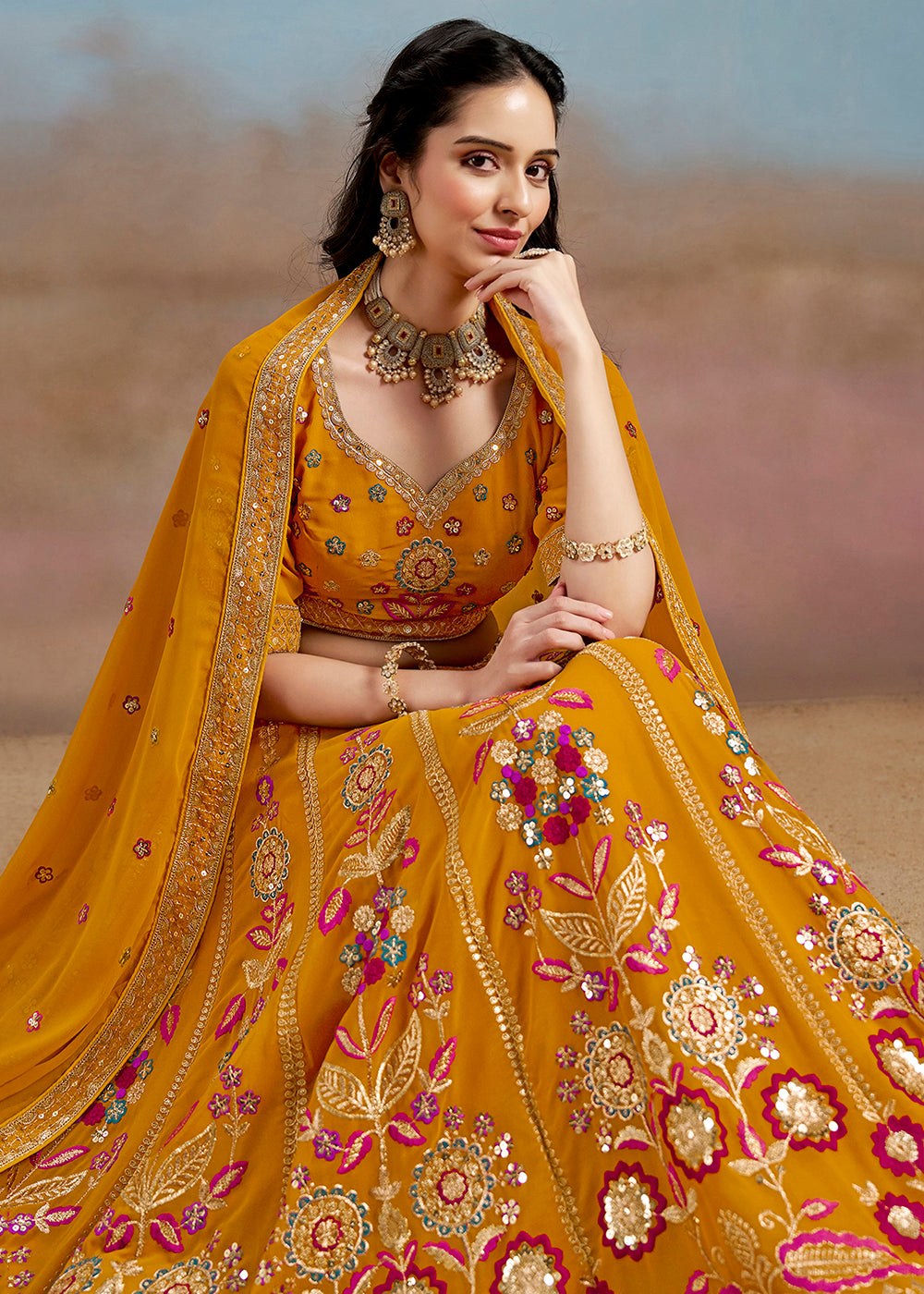 Buy Now Yellow Multi Color Threads Work Festive Lehenga Choli Online in USA, UK, Canada, France, Italy, Germany, Australia, UAE & Worldwide at Empress Clothing.