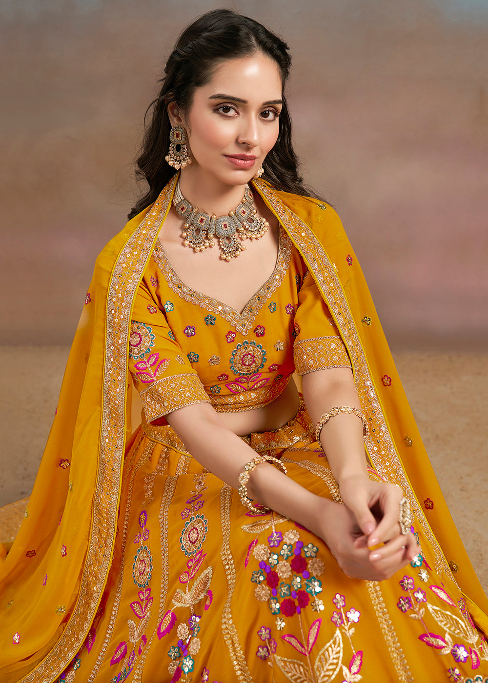 Buy Now Yellow Multi Color Threads Work Festive Lehenga Choli Online in USA, UK, Canada, France, Italy, Germany, Australia, UAE & Worldwide at Empress Clothing.
