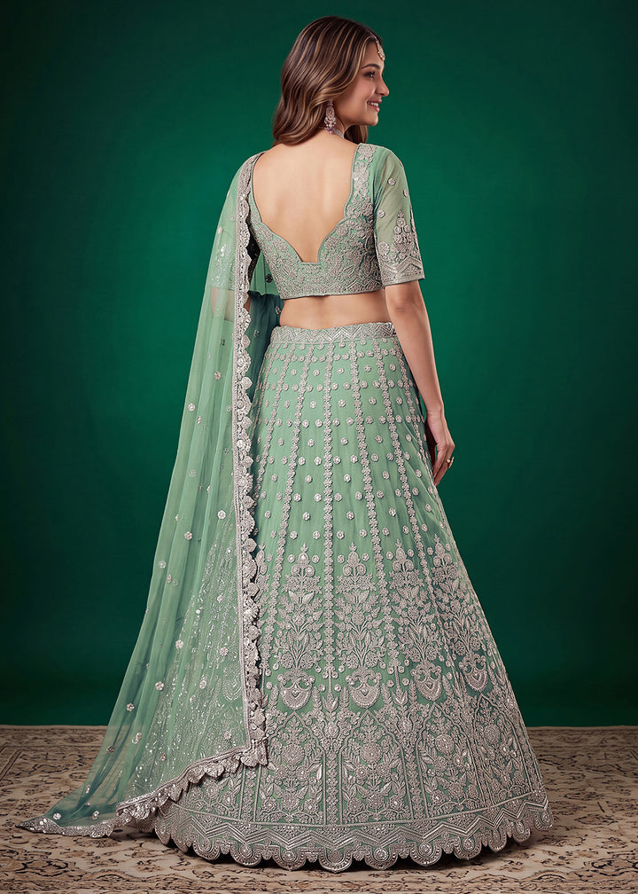 Buy Now Green Zari Dori &amp; Multiple Sequins Wedding Lehenga Choli Online in US, UK, Canada, France, Italy, Germany, Sweden, Austria, UAE &amp; Worldwide at Empress.
