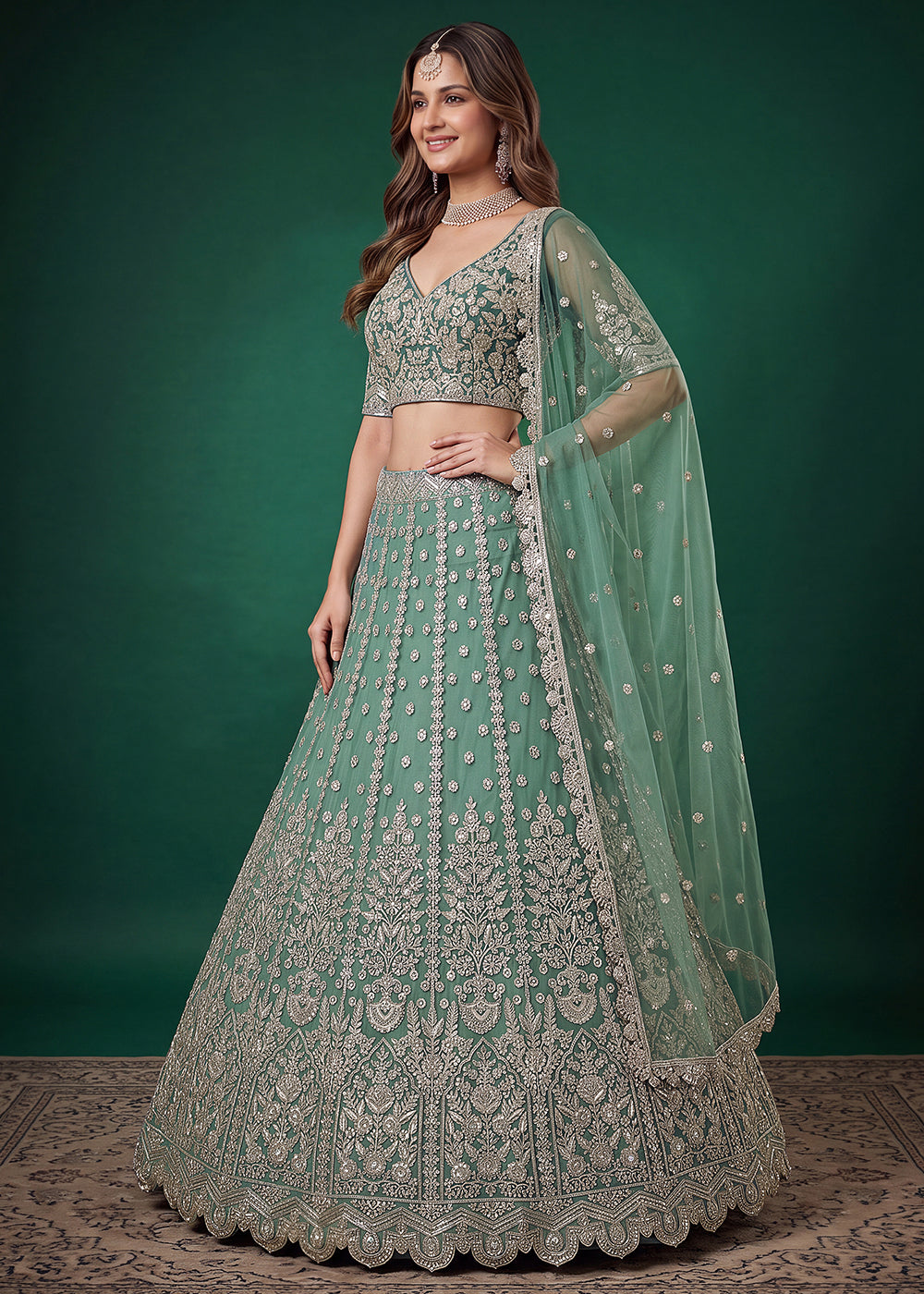 Buy Now Green Zari Dori &amp; Multiple Sequins Wedding Lehenga Choli Online in US, UK, Canada, France, Italy, Germany, Sweden, Austria, UAE &amp; Worldwide at Empress.