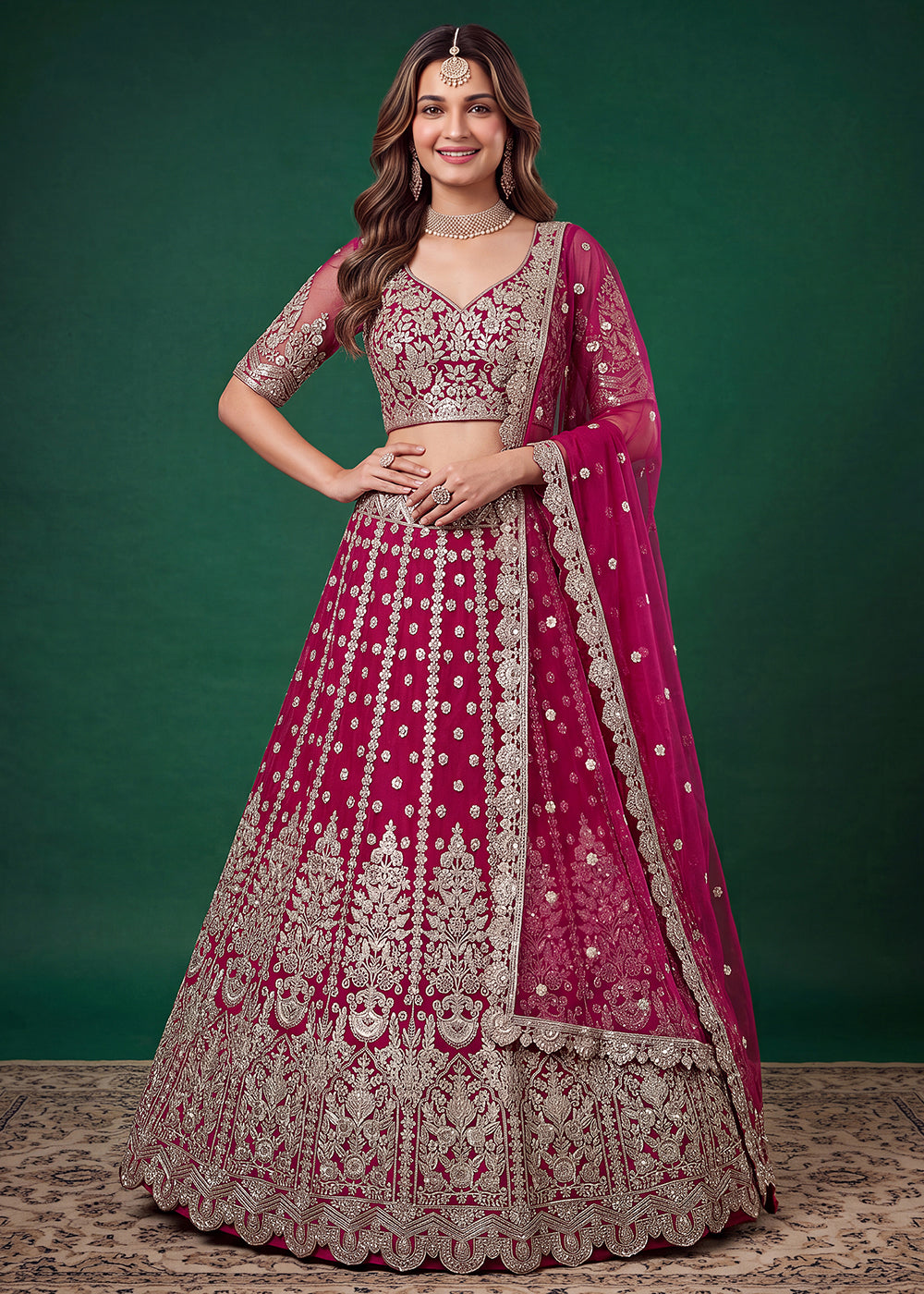 Buy Now Pink Zari Dori &amp; Multiple Sequins Wedding Lehenga Choli Online in US, UK, Canada, France, Italy, Germany, Sweden, Austria, UAE &amp; Worldwide at Empress.