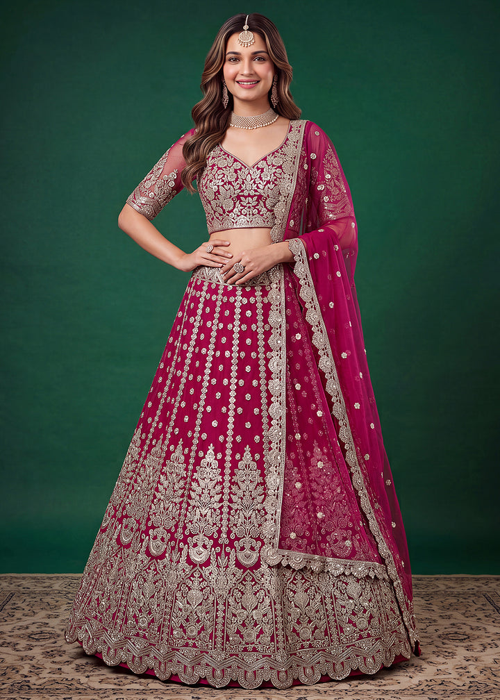 Buy Now Pink Zari Dori &amp; Multiple Sequins Wedding Lehenga Choli Online in US, UK, Canada, France, Italy, Germany, Sweden, Austria, UAE &amp; Worldwide at Empress.