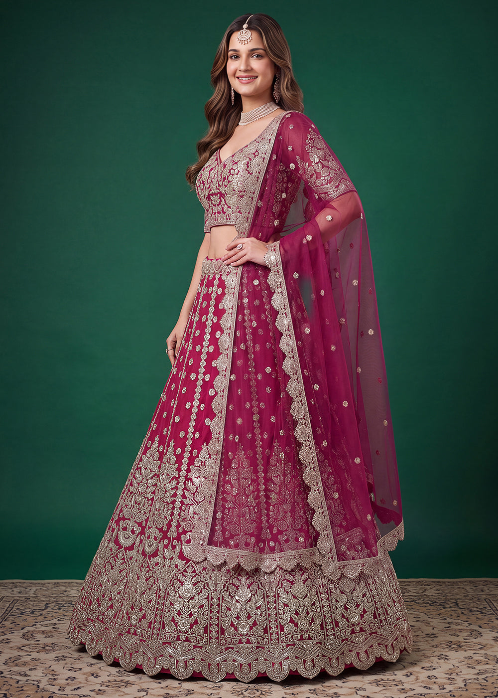 Buy Now Pink Zari Dori &amp; Multiple Sequins Wedding Lehenga Choli Online in US, UK, Canada, France, Italy, Germany, Sweden, Austria, UAE &amp; Worldwide at Empress.