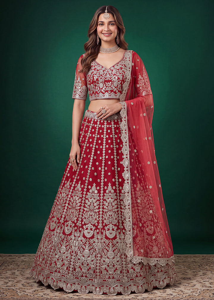 Buy Now Red Zari Dori &amp; Multiple Sequins Wedding Lehenga Choli Online in US, UK, Canada, France, Italy, Germany, Sweden, Austria, UAE &amp; Worldwide at Empress.