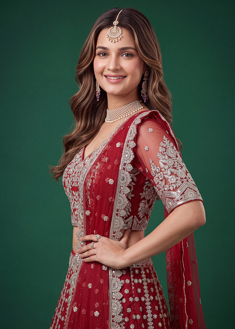 Buy Now Red Zari Dori & Multiple Sequins Wedding Lehenga Choli Online in US, UK, Canada, France, Italy, Germany, Sweden, Austria, UAE & Worldwide at Empress.