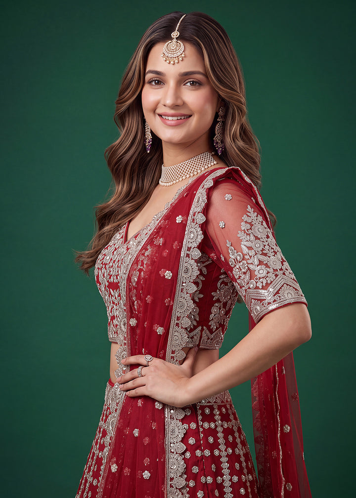 Buy Now Red Zari Dori &amp; Multiple Sequins Wedding Lehenga Choli Online in US, UK, Canada, France, Italy, Germany, Sweden, Austria, UAE &amp; Worldwide at Empress.