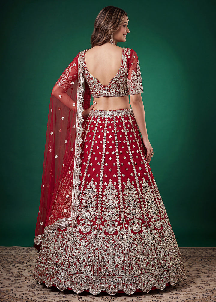 Buy Now Red Zari Dori &amp; Multiple Sequins Wedding Lehenga Choli Online in US, UK, Canada, France, Italy, Germany, Sweden, Austria, UAE &amp; Worldwide at Empress.