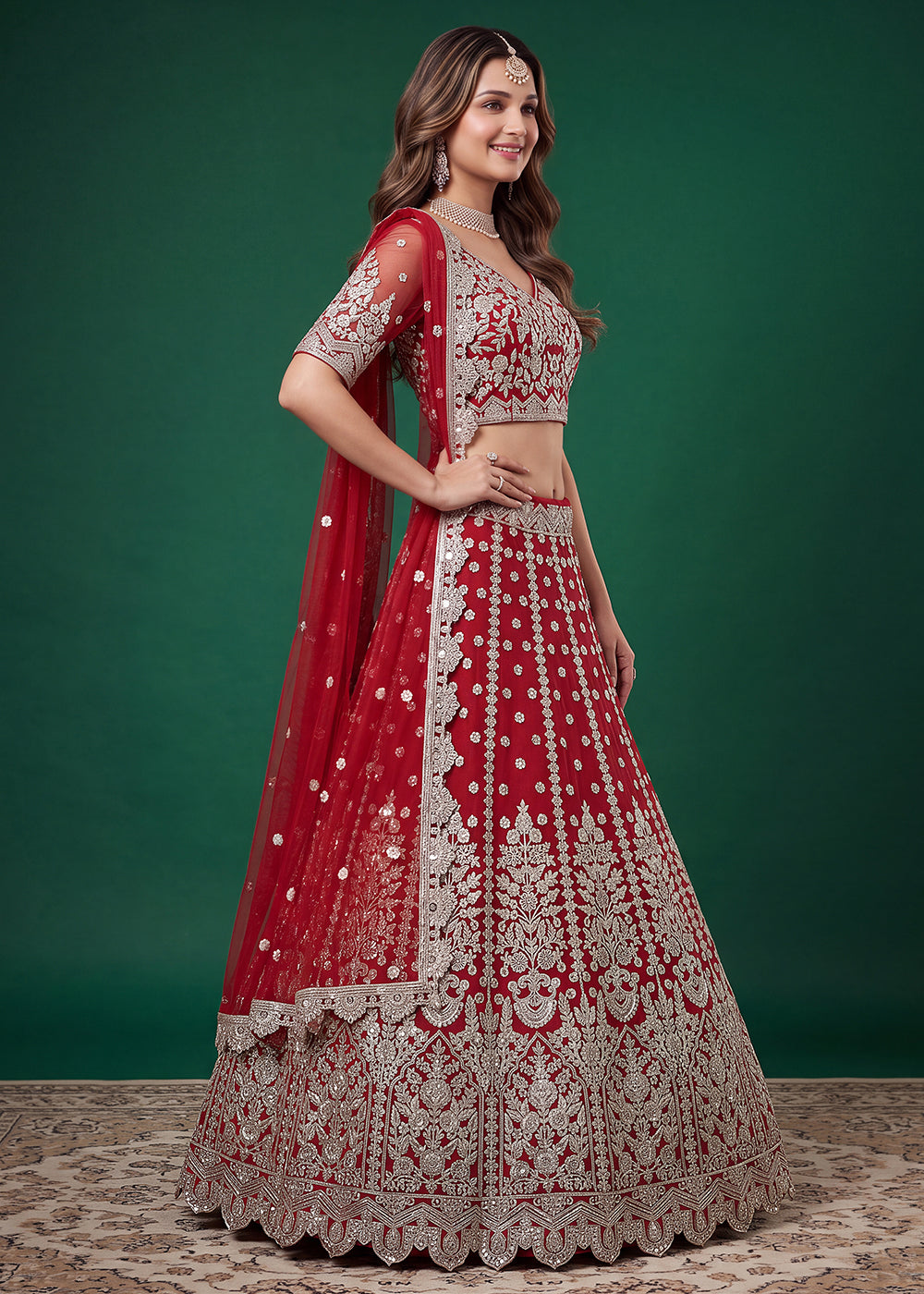 Buy Now Red Zari Dori &amp; Multiple Sequins Wedding Lehenga Choli Online in US, UK, Canada, France, Italy, Germany, Sweden, Austria, UAE &amp; Worldwide at Empress.