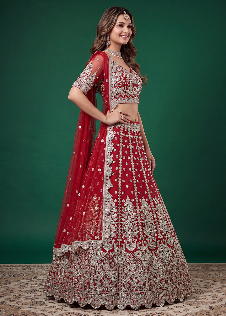 Buy Now Red Zari Dori &amp; Multiple Sequins Wedding Lehenga Choli Online in US, UK, Canada, France, Italy, Germany, Sweden, Austria, UAE &amp; Worldwide at Empress.