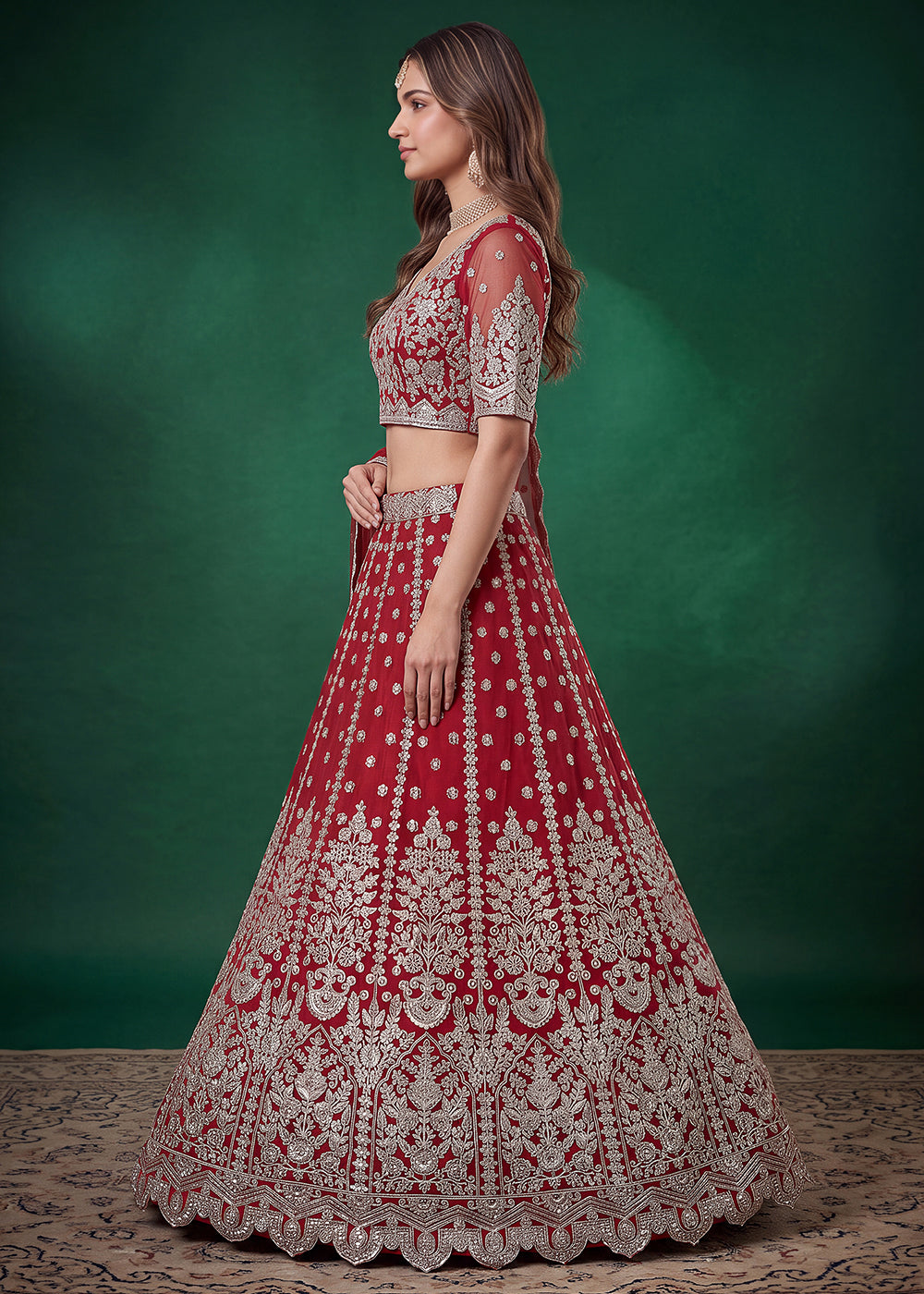 Buy Now Red Zari Dori &amp; Multiple Sequins Wedding Lehenga Choli Online in US, UK, Canada, France, Italy, Germany, Sweden, Austria, UAE &amp; Worldwide at Empress.