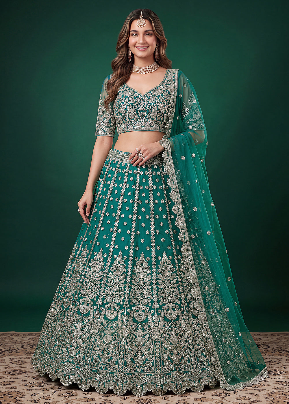Buy Now Rama Zari Dori &amp; Multiple Sequins Wedding Lehenga Choli Online in US, UK, Canada, France, Italy, Germany, Sweden, Austria, UAE &amp; Worldwide at Empress.