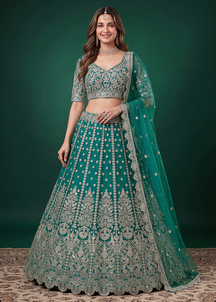 Buy Now Rama Zari Dori &amp; Multiple Sequins Wedding Lehenga Choli Online in US, UK, Canada, France, Italy, Germany, Sweden, Austria, UAE &amp; Worldwide at Empress.
