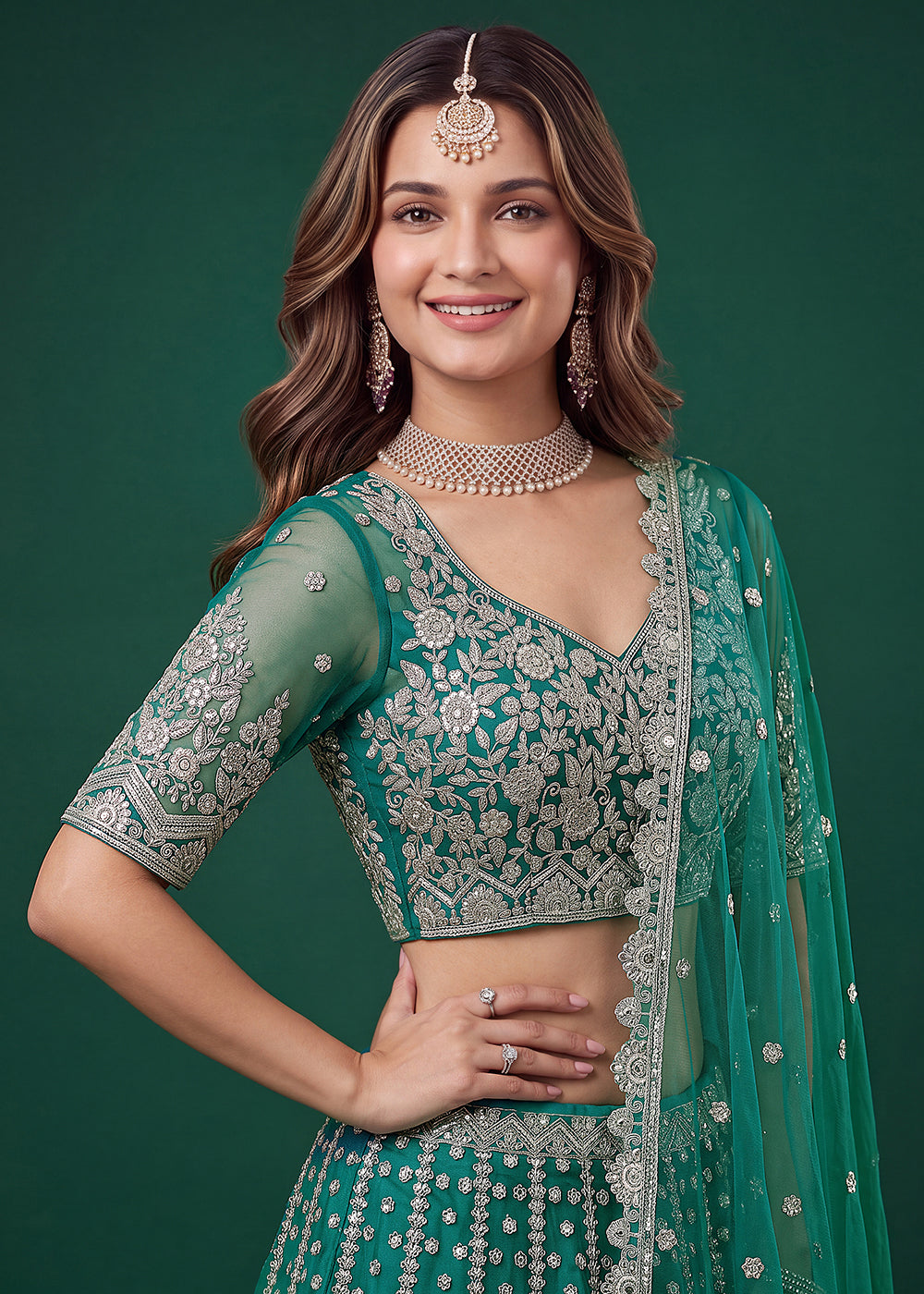 Buy Now Rama Zari Dori &amp; Multiple Sequins Wedding Lehenga Choli Online in US, UK, Canada, France, Italy, Germany, Sweden, Austria, UAE &amp; Worldwide at Empress.